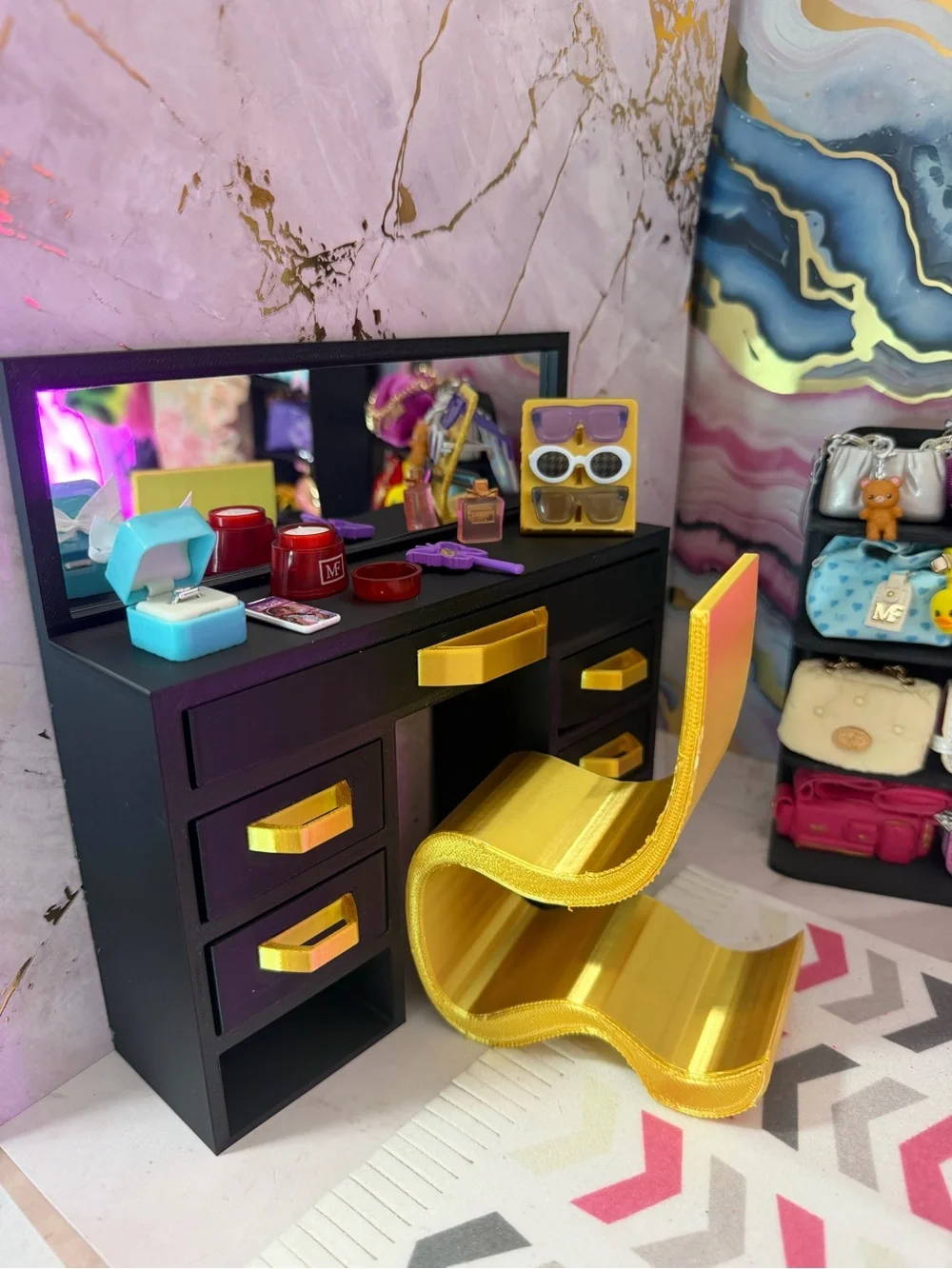 Barbie Black Desk Vanity with Gold Accents and Pink Accessories